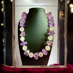 Vintage Sally C Treasures Sterling Silver Large Amethyst & Rose Quartz Necklace